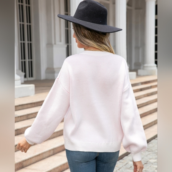 Knit Heart Contrasting Classic Round Neck Pullover Top Long Sleeve Sweater Shirt - Picture 3 of 8